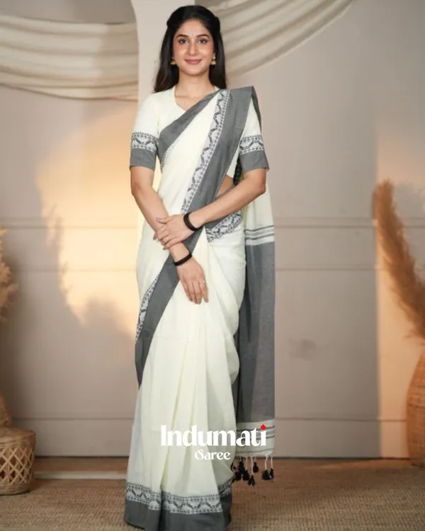 White_MulMulmul_Cotton_Saree_with_Grey_Border_Motif_&_Matching_Off-White_Blouse_Piece