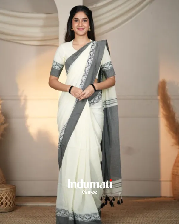 White_MulMulmul_Cotton_Saree_with_Grey_Border_Motif_&_Matching_Off-White_Blouse_Piece