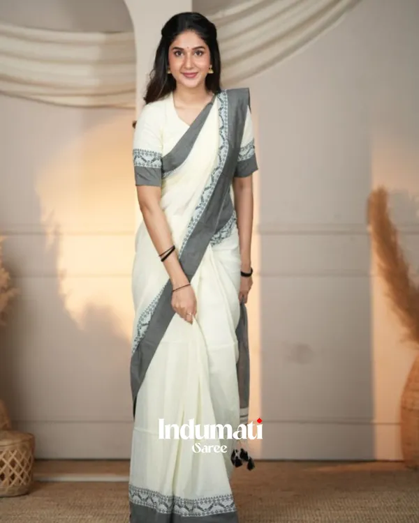 White_MulMulmul_Cotton_Saree_with_Grey_Border_Motif_&_Matching_Off-White_Blouse_Piece