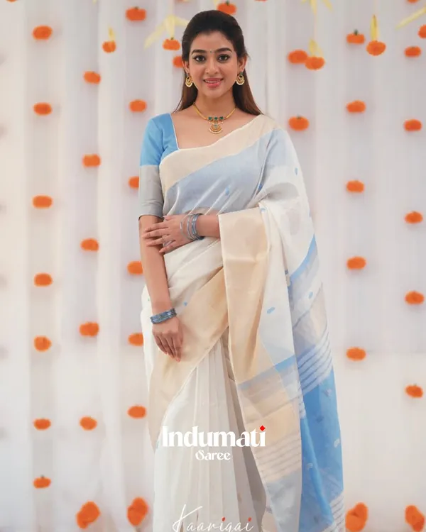 White_Color_Luxury_Edition_Soft_Banarasi_Silk_Saree_with_Classy_Sky_Blue_Color_Blouse_Piece