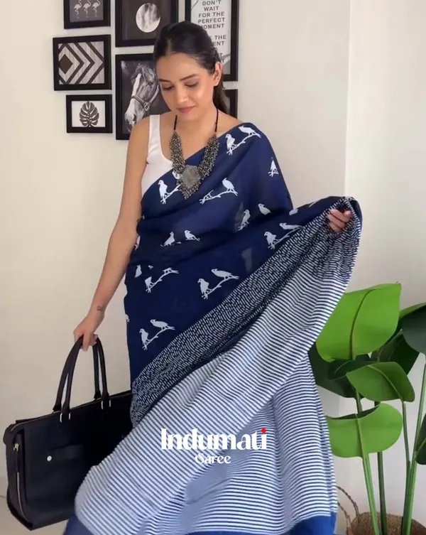 Navy_Mist_-_Navy_Blue_Linen_Saree_with_White_Blouse_Piece