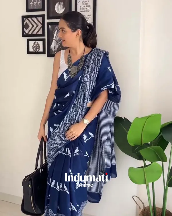 Navy_Mist_-_Navy_Blue_Linen_Saree_with_White_Blouse_Piece