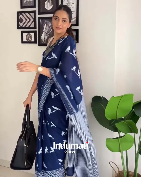 Navy_Mist_-_Navy_Blue_Linen_Saree_with_White_Blouse_Piece