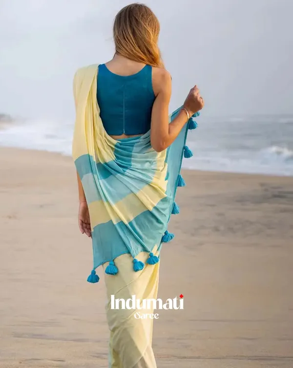 Ocean_Sun_-_Blue_&_Yellow_Linen_Saree_with_Blue_Blouse_Piece