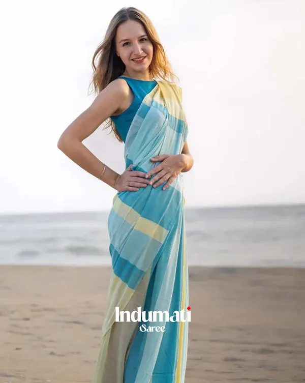 Ocean_Sun_-_Blue_&_Yellow_Linen_Saree_with_Blue_Blouse_Piece