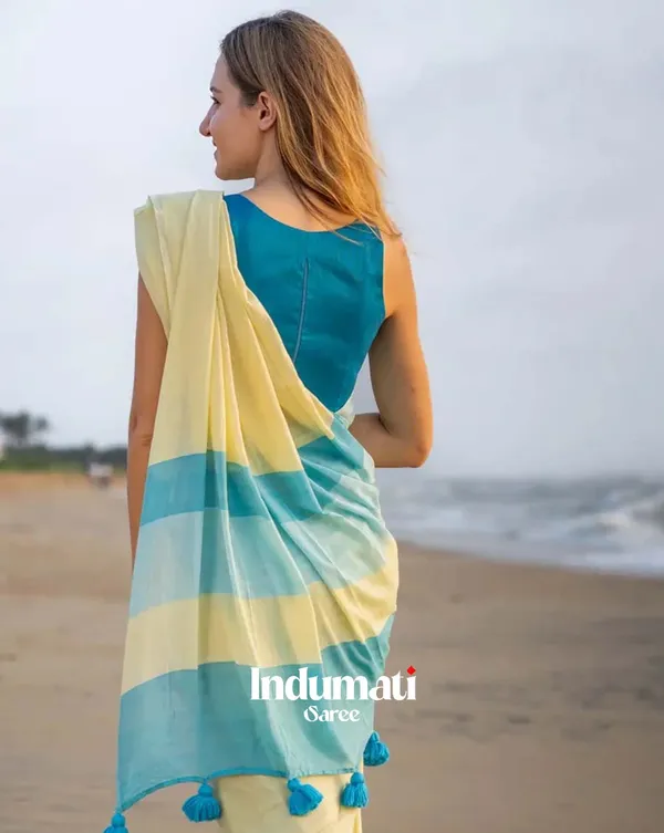 Ocean_Sun_-_Blue_&_Yellow_Linen_Saree_with_Blue_Blouse_Piece