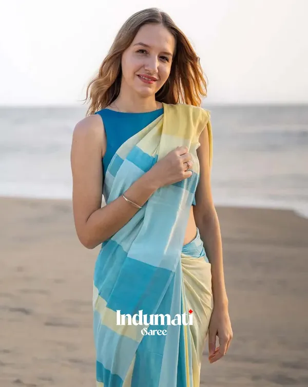 Ocean_Sun_-_Blue_&_Yellow_Linen_Saree_with_Blue_Blouse_Piece