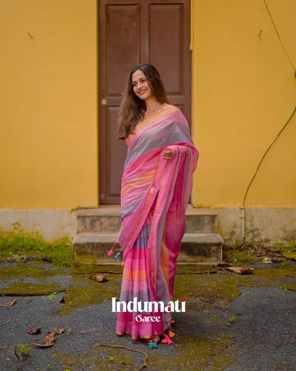 Gulab_Surya_-_Pink_&_Saffron_Striped_Linen_Saree_with_Blouse_Piece