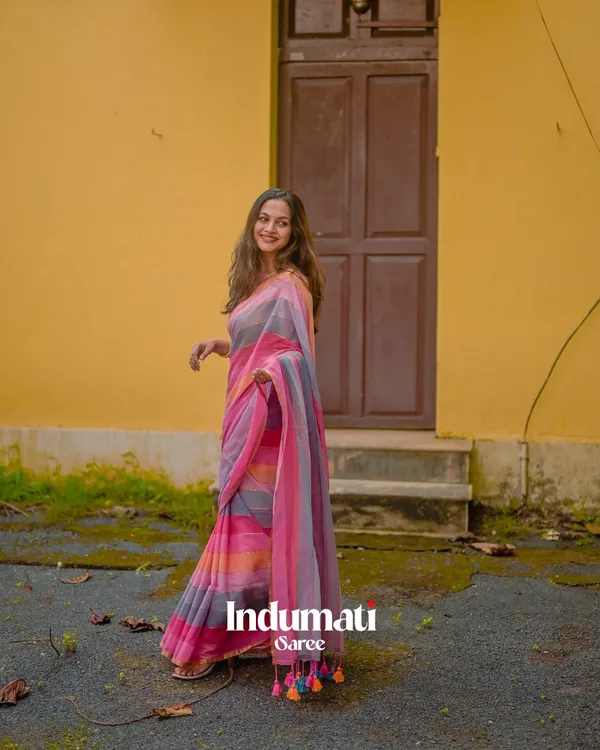 Gulab_Surya_-_Pink_&_Saffron_Striped_Linen_Saree_with_Blouse_Piece