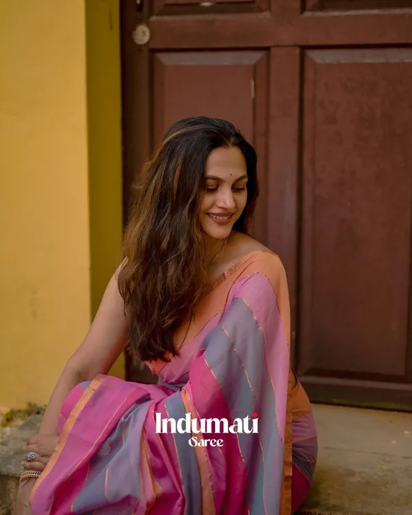 Gulab_Surya_-_Pink_&_Saffron_Striped_Linen_Saree_with_Blouse_Piece