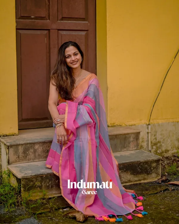 Gulab_Surya_-_Pink_&_Saffron_Striped_Linen_Saree_with_Blouse_Piece
