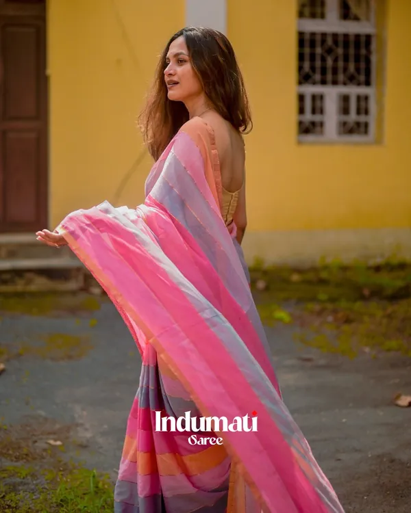 Gulab_Surya_-_Pink_&_Saffron_Striped_Linen_Saree_with_Blouse_Piece