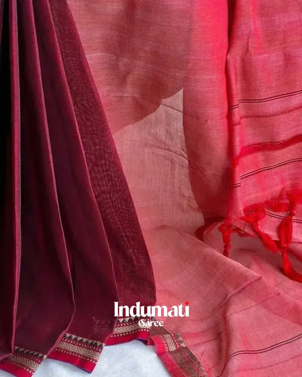 Maroon_&_Pink_Dual-Tone_Mulmul_Cotton_Saree_with_Blouse_Piece