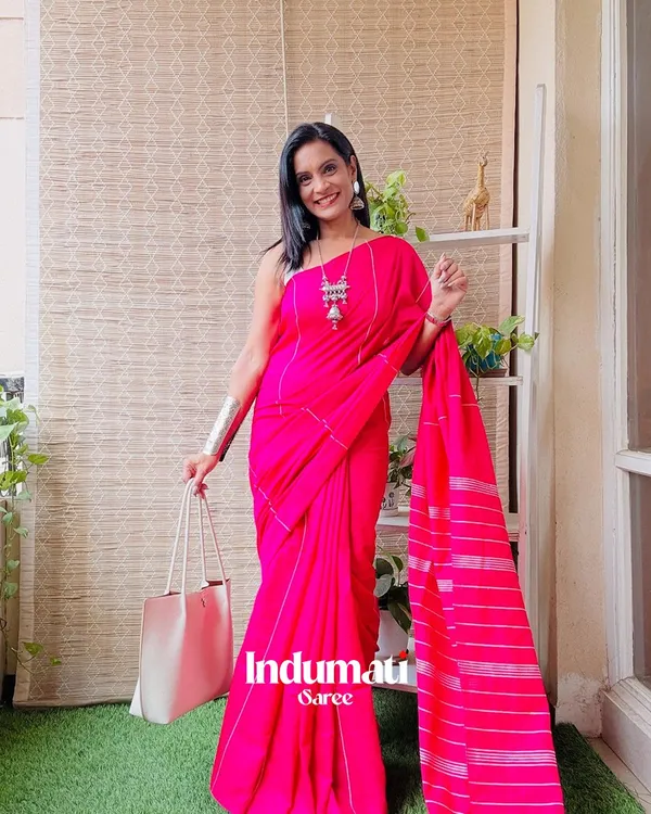 Blush_Aura_-_Pink_Linen_Saree_with_Contrast_White_Blouse
