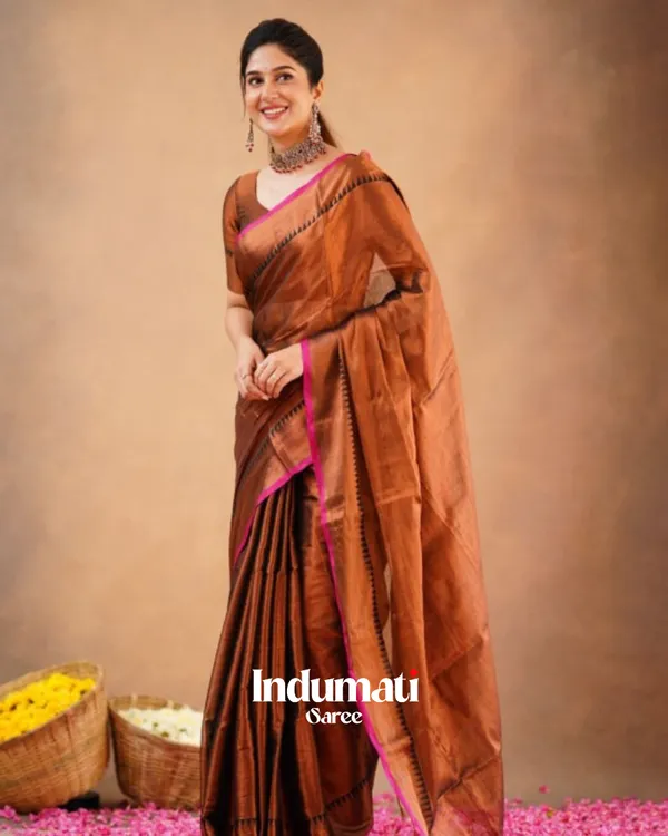 Brown_Tissue_Cotton_Saree_with_Black_Thread_Detailing_with_Matching_Blouse_Piece