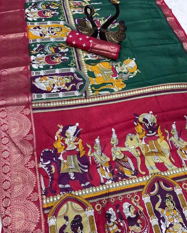Green_Color_New__Design__Dola_Cotton_Saree_with_Blouse_Piece