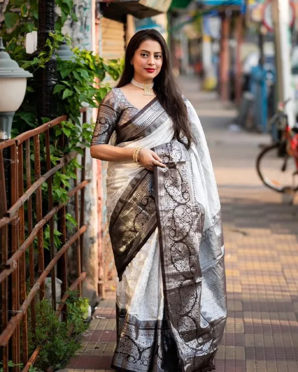 White_And_Grey_Color_New_Release_Soft_Banarasi_Silk_Saree_with_Classy_Bloue_Piece