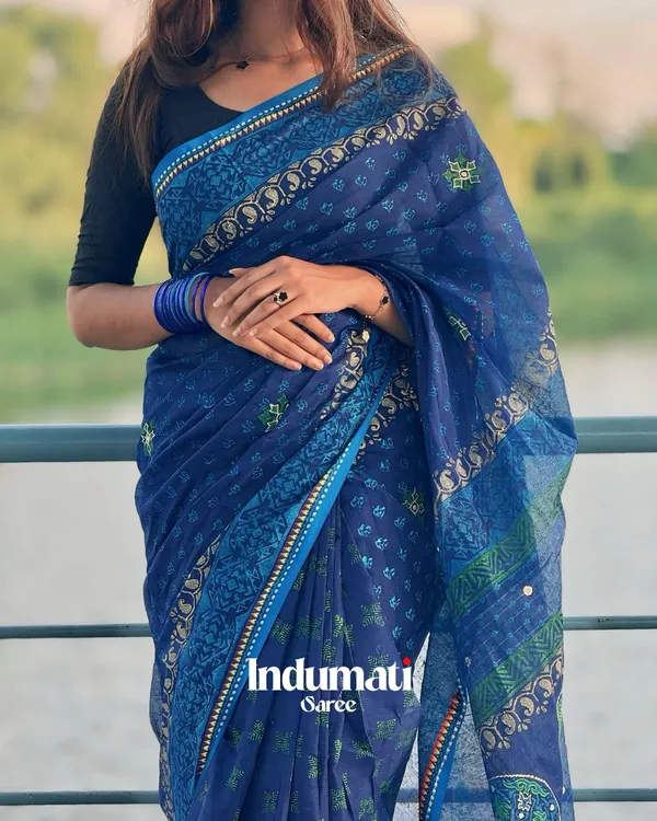 Samudra_Jyoti_-_Graceful_Navy_Linen_Saree_with_Small_Detailing_&_Border_with_Blouse_Piece
