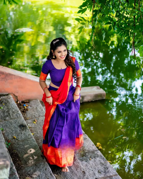 Red_And_Purple__Color_Kanchipuram_Zari_Weaving_Half_Saree_With_Blouse__Silk_Dupatta