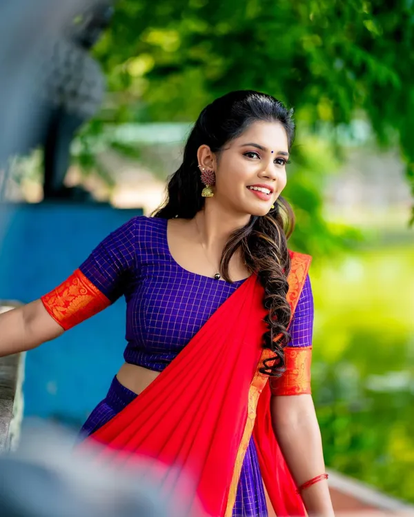 Red_And_Purple__Color_Kanchipuram_Zari_Weaving_Half_Saree_With_Blouse__Silk_Dupatta