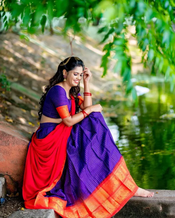 Red_And_Purple__Color_Kanchipuram_Zari_Weaving_Half_Saree_With_Blouse__Silk_Dupatta