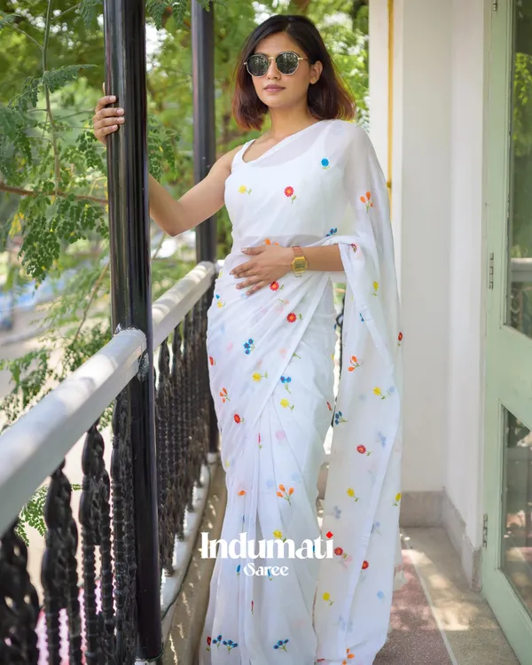 White_Soft_Mulmul_Cotton_Saree_with_Colorful_Floral_Embroidery,_with_Blouse_Piece