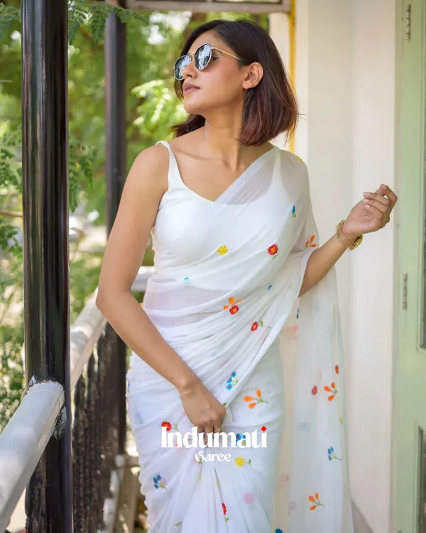 White_Soft_Mulmul_Cotton_Saree_with_Colorful_Floral_Embroidery,_with_Blouse_Piece