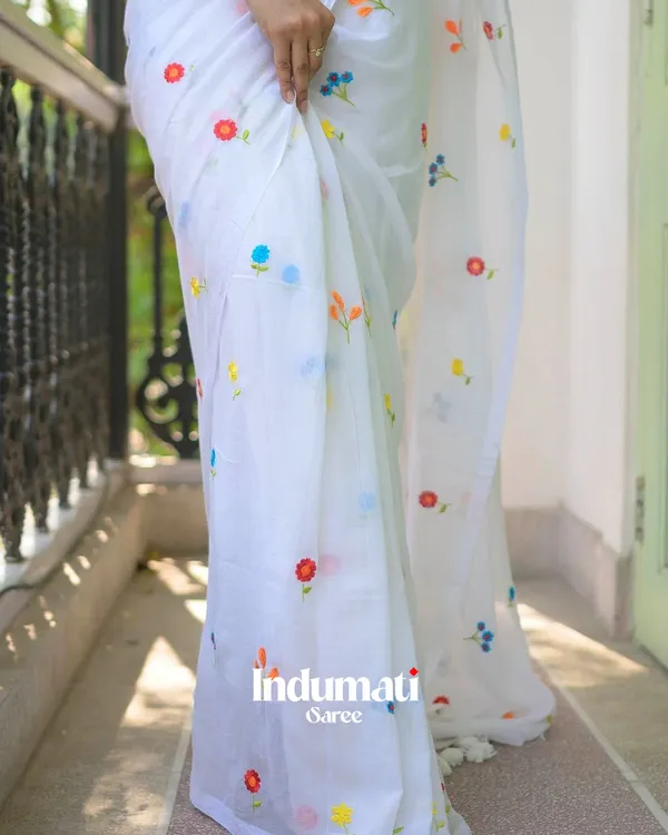 White_Soft_Mulmul_Cotton_Saree_with_Colorful_Floral_Embroidery,_with_Blouse_Piece