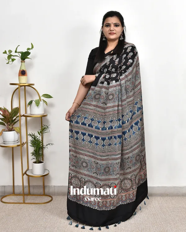 Black_Ajrakh_Printed_Modal_Silk_Premium_Plain_Saree_with_Fancy_Pallu_and_Blouse_Piece
