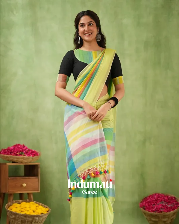 Light_Green_Mulmul_Cotton_Saree_with_Multicolor_Striped_Pallu_&_Matching_Light_Green_Blouse_Piece
