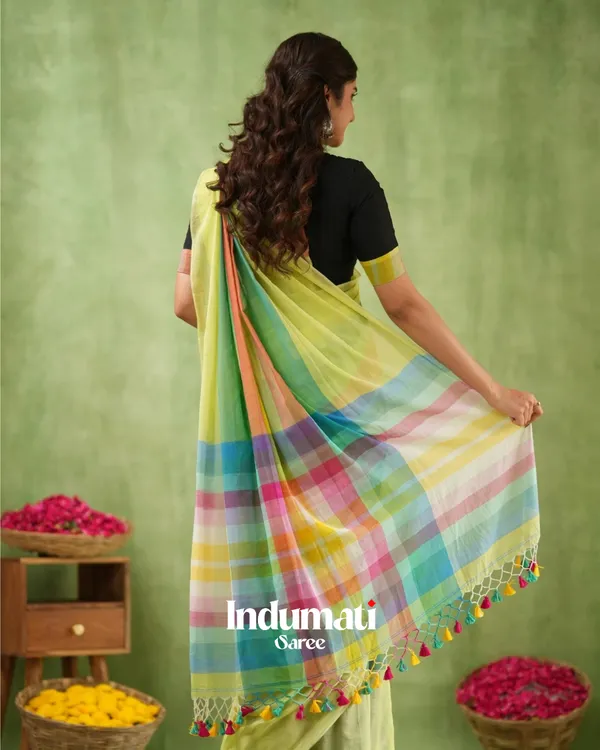Light_Green_Mulmul_Cotton_Saree_with_Multicolor_Striped_Pallu_&_Matching_Light_Green_Blouse_Piece