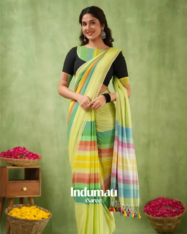Light_Green_Mulmul_Cotton_Saree_with_Multicolor_Striped_Pallu_&_Matching_Light_Green_Blouse_Piece