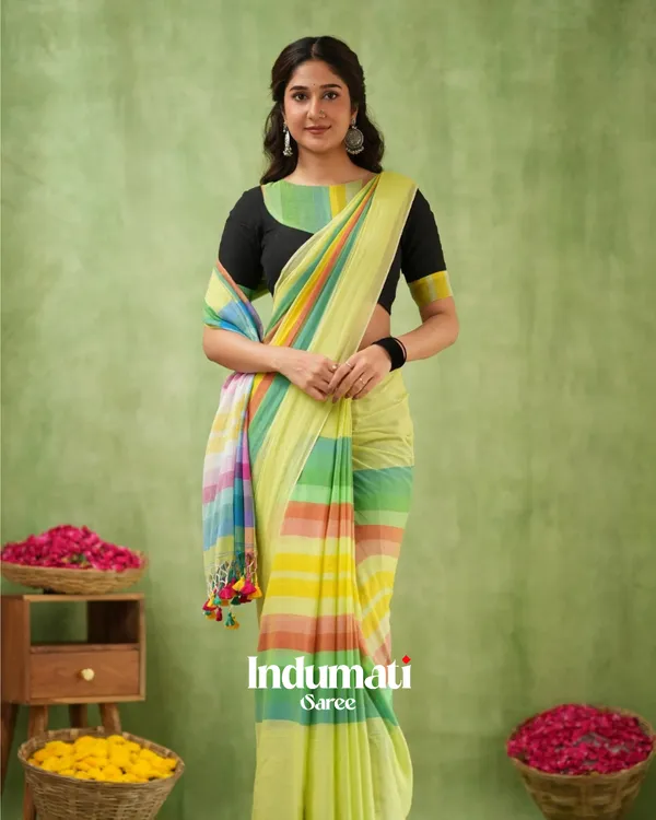 Light_Green_Mulmul_Cotton_Saree_with_Multicolor_Striped_Pallu_&_Matching_Light_Green_Blouse_Piece