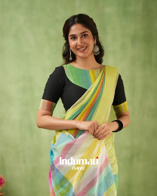 Light_Green_Mulmul_Cotton_Saree_with_Multicolor_Striped_Pallu_&_Matching_Light_Green_Blouse_Piece