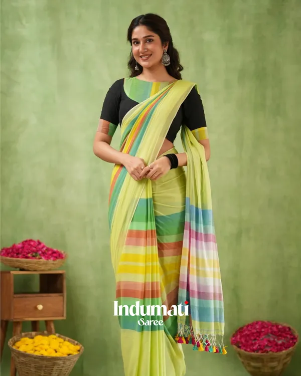 Light_Green_Mulmul_Cotton_Saree_with_Multicolor_Striped_Pallu_&_Matching_Light_Green_Blouse_Piece
