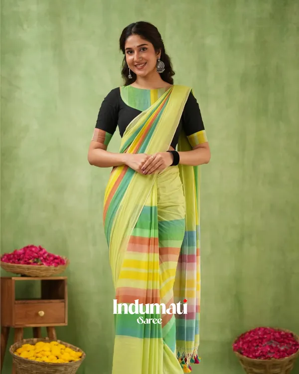 Light_Green_Mulmul_Cotton_Saree_with_Multicolor_Striped_Pallu_&_Matching_Light_Green_Blouse_Piece