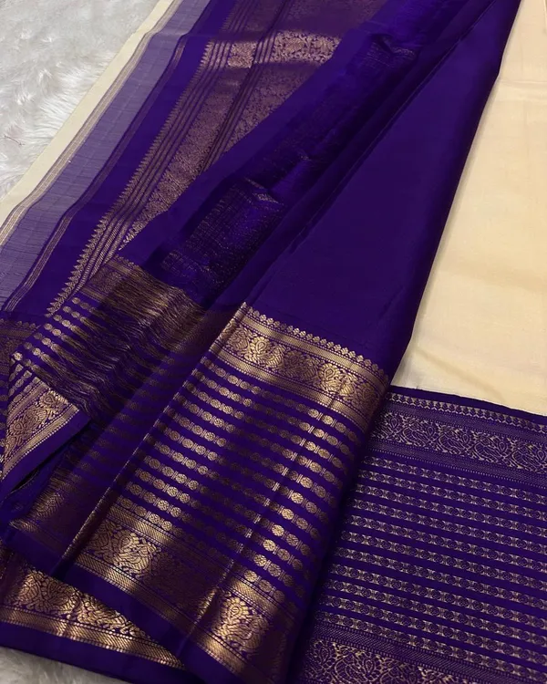 Cream_And_Purple_Color_Hot_Right_Now_Soft_Banarasi_Silk_Saree_with_Pure_Golden_Zari_Work_&_Classy_Bloue_Piece