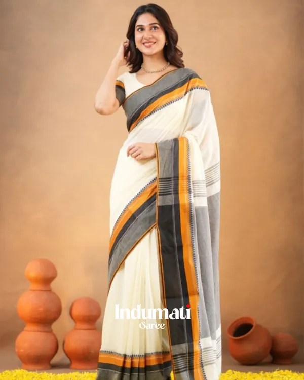 Classic_White_Traditional_Mulmul__Cotton_Saree_with_Contrast_Border_&_Blouse_Piece