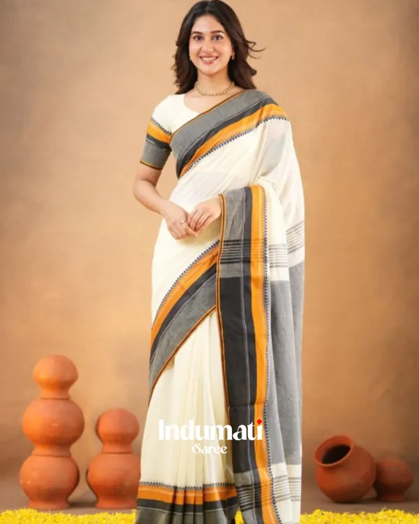 Classic_White_Traditional_Mulmul__Cotton_Saree_with_Contrast_Border_&_Blouse_Piece