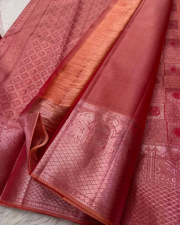 Peach_Color_Now_Available_Soft_Banarasi_Silk_Saree_with_Pure_Golden_Zari_Work_&__Classy_Bloue_Piece