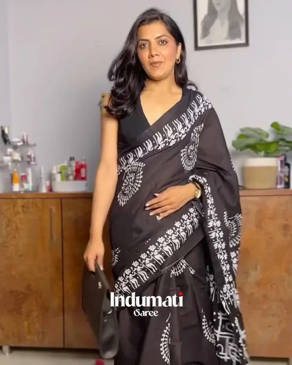Kaala_Nritya_-_Black_Linen_Saree_with_Bold_Human_Figure_Pattern_&_Blouse
