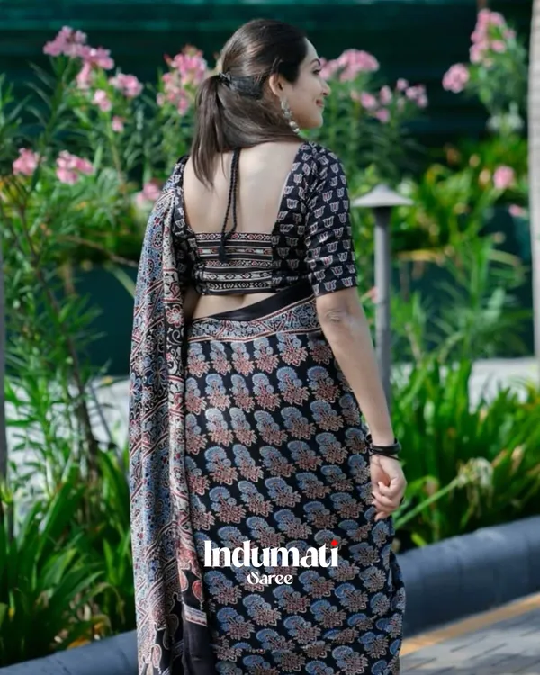 Elision_Black_Ajrakh_Printed_Model_Silk_Saree_with_Blouse_Piece