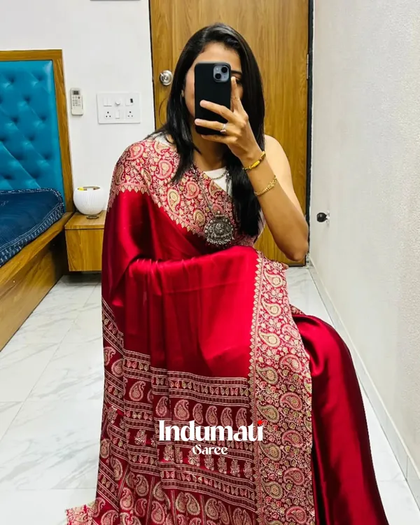 Red_Ajrakh_Printed_Modal_Silk_Saree_with_Gajji_Silk_Saree_with_Blouse_Piece