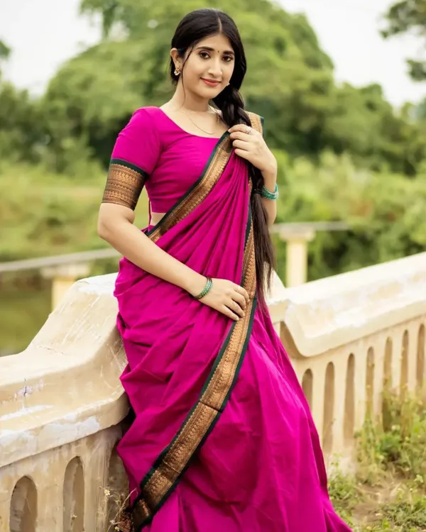 Pink_Color_Color_Kanchipuram_Zari_Weaving_Half_Saree_With_Blouse__Silk_Dupatta