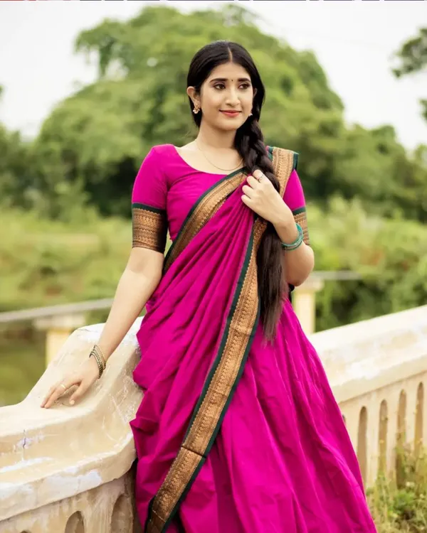 Pink_Color_Color_Kanchipuram_Zari_Weaving_Half_Saree_With_Blouse__Silk_Dupatta
