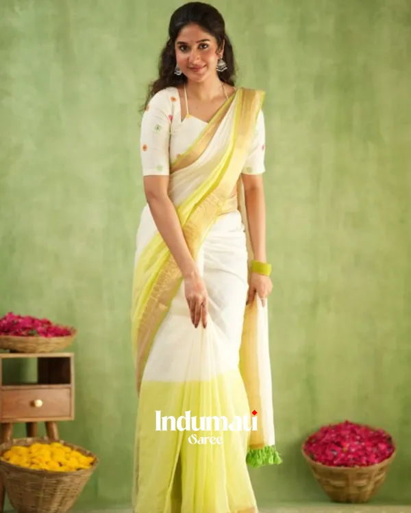 White_&_Light_Yellow_Mulmul_Cotton_Saree_with_Golden_Woven_Border_&_Matching_White_Blouse_Piece