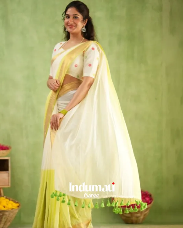 White_&_Light_Yellow_Mulmul_Cotton_Saree_with_Golden_Woven_Border_&_Matching_White_Blouse_Piece