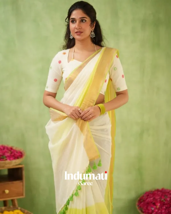 White_&_Light_Yellow_Mulmul_Cotton_Saree_with_Golden_Woven_Border_&_Matching_White_Blouse_Piece