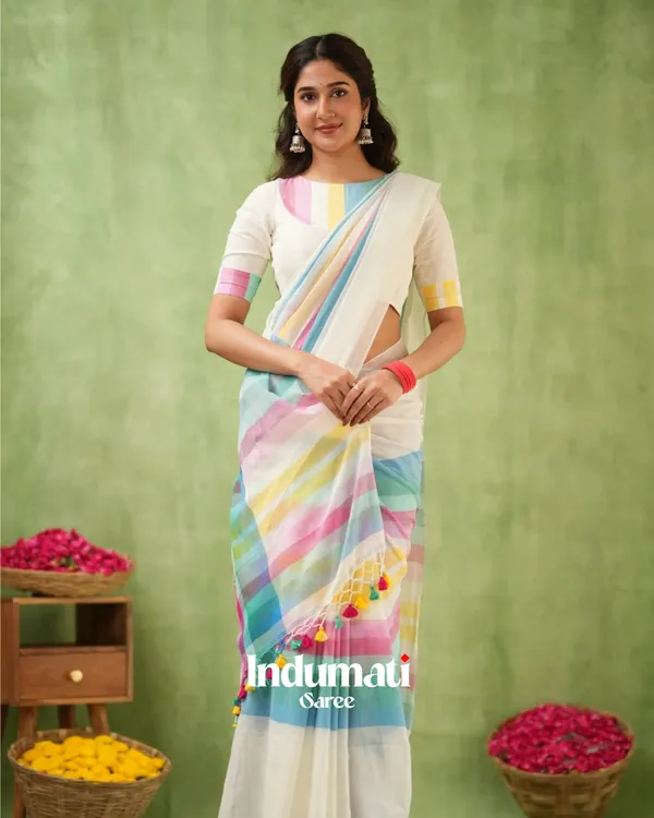 White_Mulmul_Cotton_Saree_with_Multicolor_Pastel_Striped_Pallu_&_Matching_White_Blouse_Piece