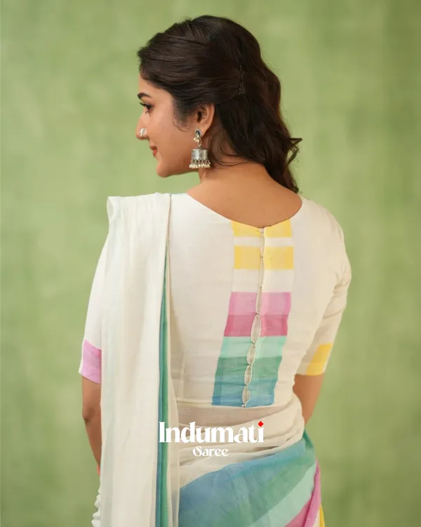 White_Mulmul_Cotton_Saree_with_Multicolor_Pastel_Striped_Pallu_&_Matching_White_Blouse_Piece